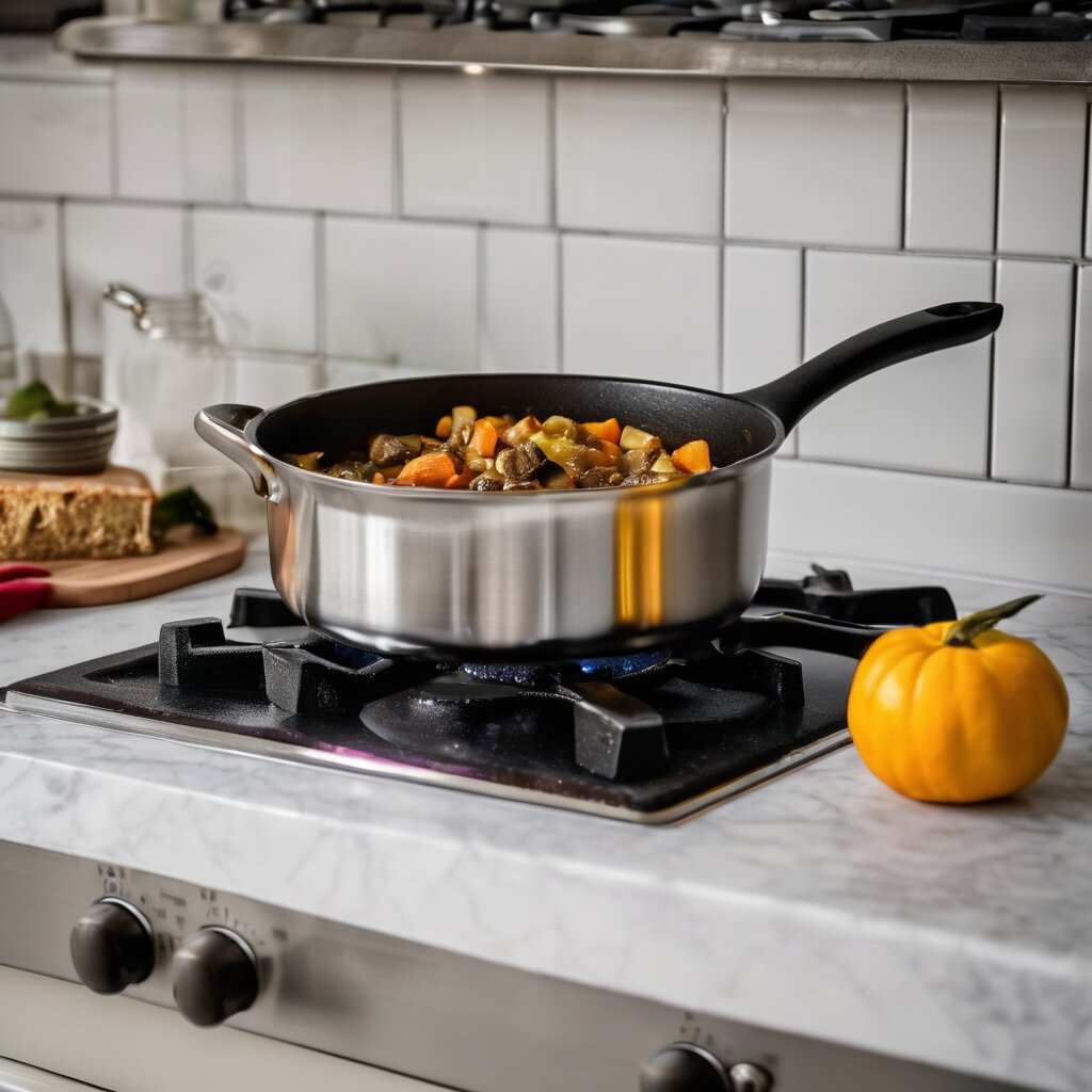 Stainless steel pot with stew simmering on portable induction cooktop in kitchen