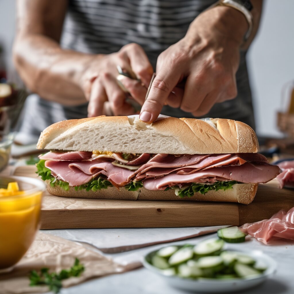 Hands building a deli sandwich on a wooden board; Ken's NY Deli & Brick Oven Pizzeria