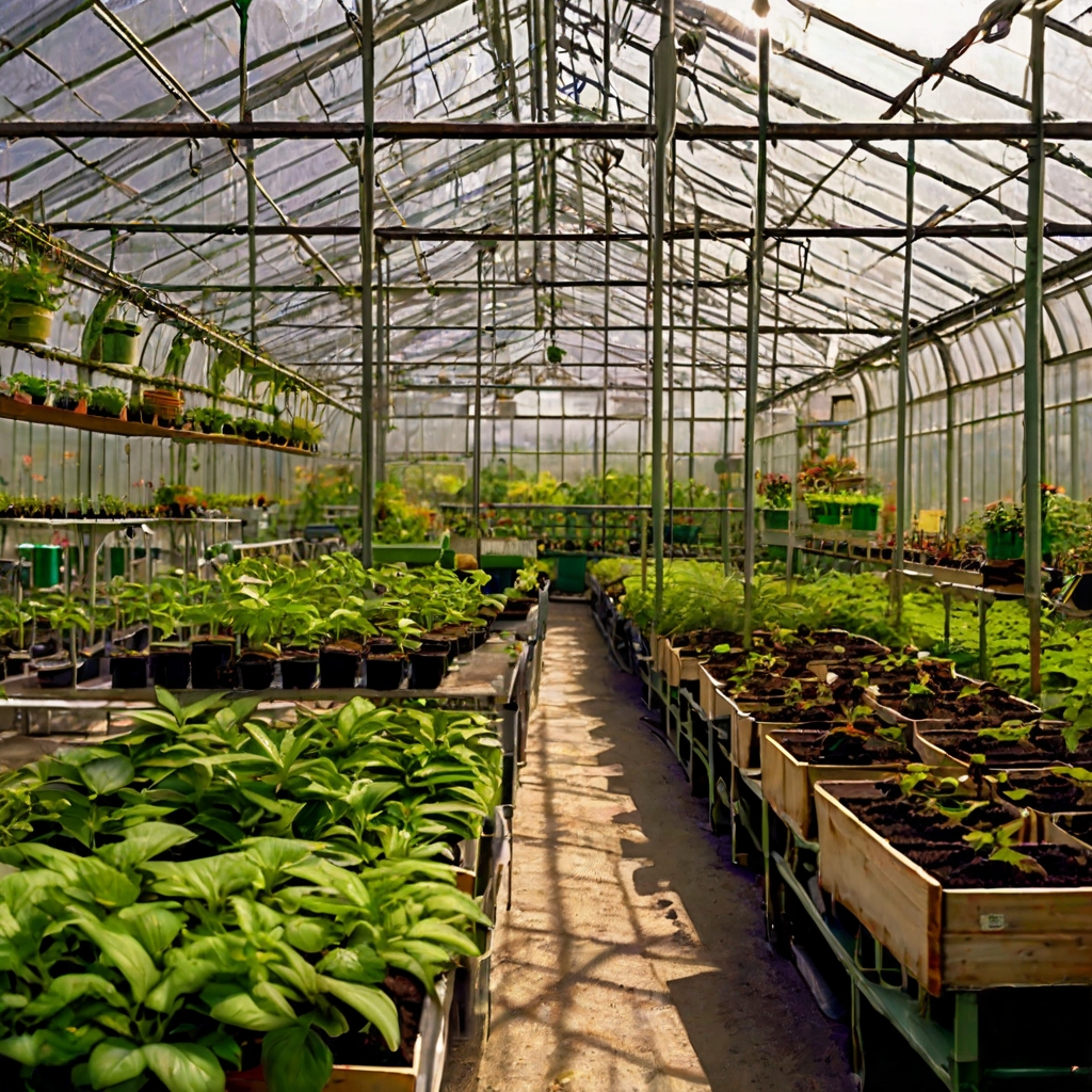 Garden center greenhouse interior with rows of healthy plants and professional environment