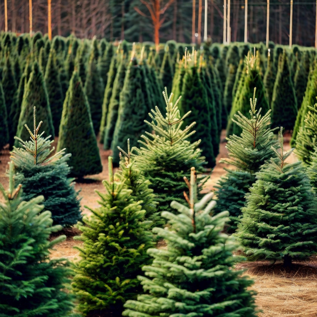 Christmas tree lot with rows of fresh cut trees in winter holiday atmosphere