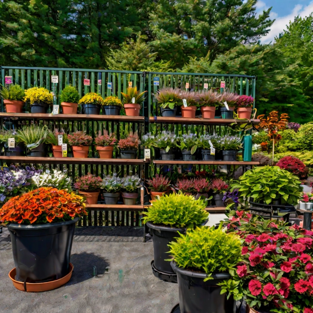 Nashua garden supply product display with organized plants in professional retail environment